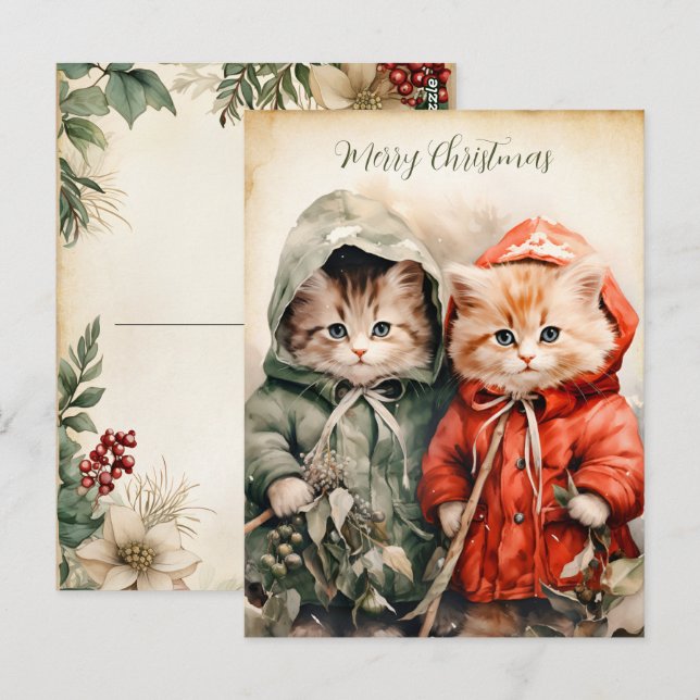Postal Pareja de gatitos navideños hermosos  (Anverso / Reverso)