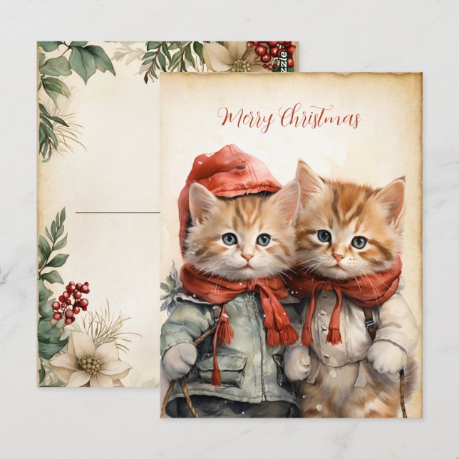 Postal Pareja de gatitos navideños hermosos  (Anverso / Reverso)