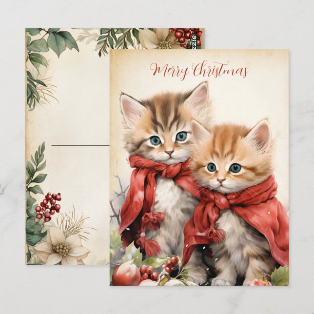 Postal Pareja de gatitos navideños hermosos  (Anverso / Reverso)