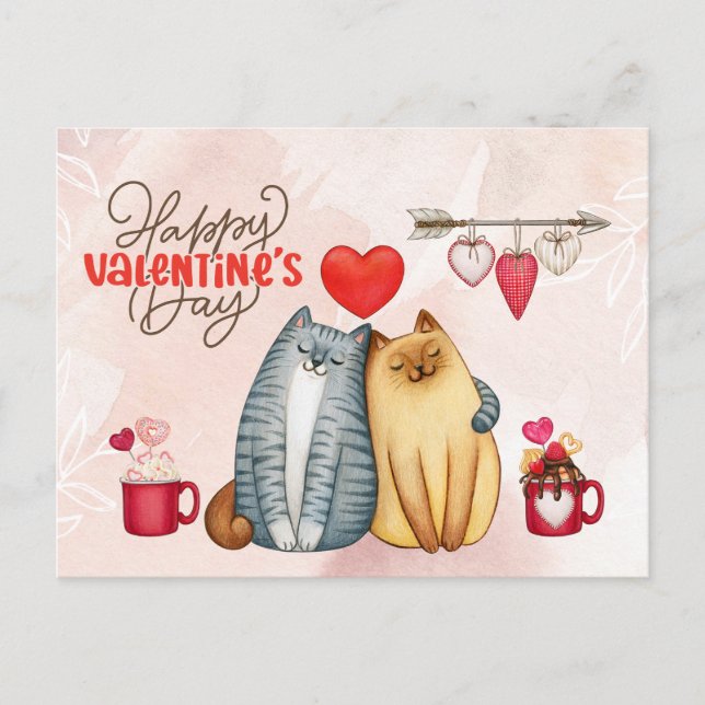 Postal Pareja de gato romántico el día de San Valentín (Anverso)