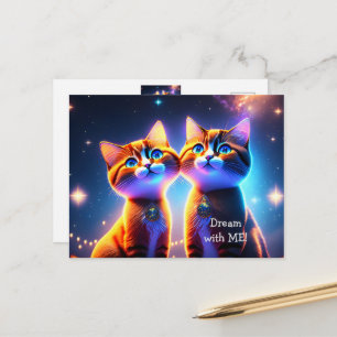 Postal Pareja de gatos lindos bajo el cielo estrellado -