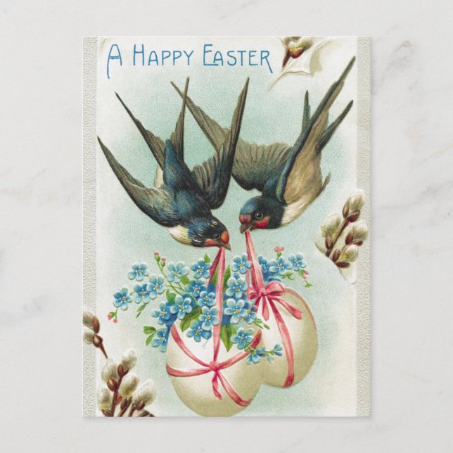 Postal Pareja de golondrinas y huevos de Pascua Floral (Anverso)