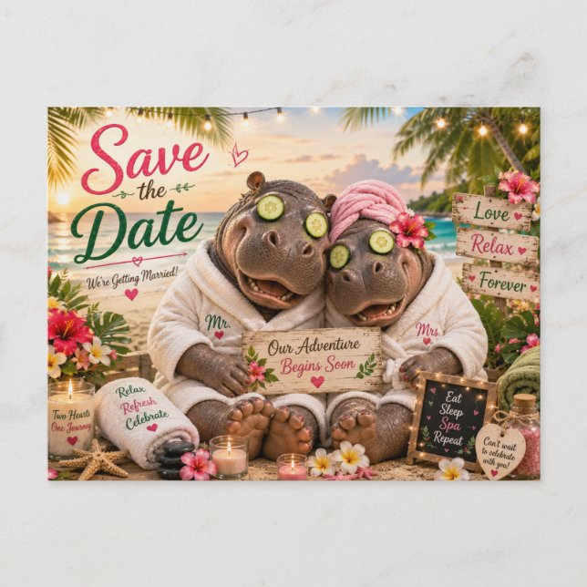 Postal Pareja de Hipopótamos Spa Tropical Save the Date (Anverso)