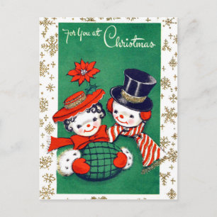 Postal Pareja de muñecos de nieve decorados con copos de 