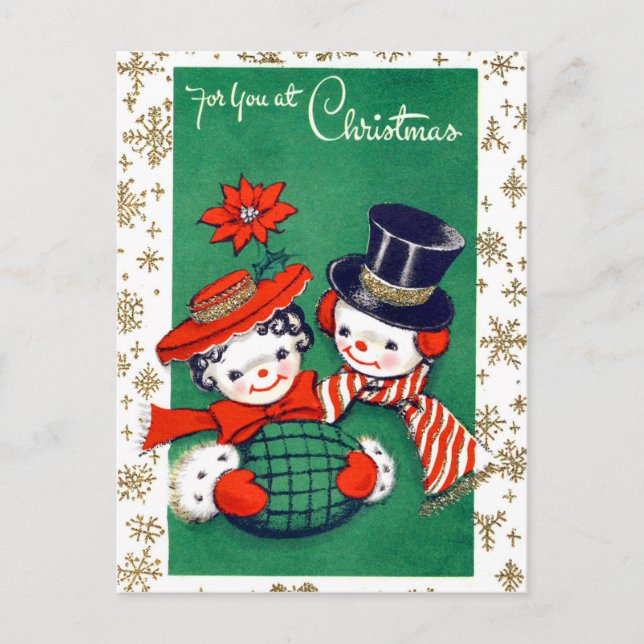 Postal Pareja de muñecos de nieve decorados con copos de  (Anverso)