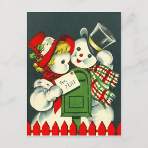 Postal Pareja de muñecos de nieve enamorados, con correo 