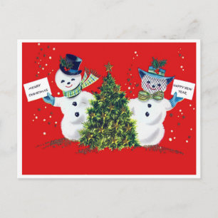 Postal Pareja de muñecos de nieve y árbol de Navidad, vin