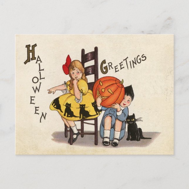 Postal Pareja de niños con calabaza tallada, Halloween (Anverso)