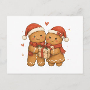 Postal Pareja de pan de jengibre con regalo y sombreros d