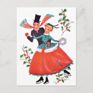 Postal Pareja de patinaje sobre hielo en Navidad