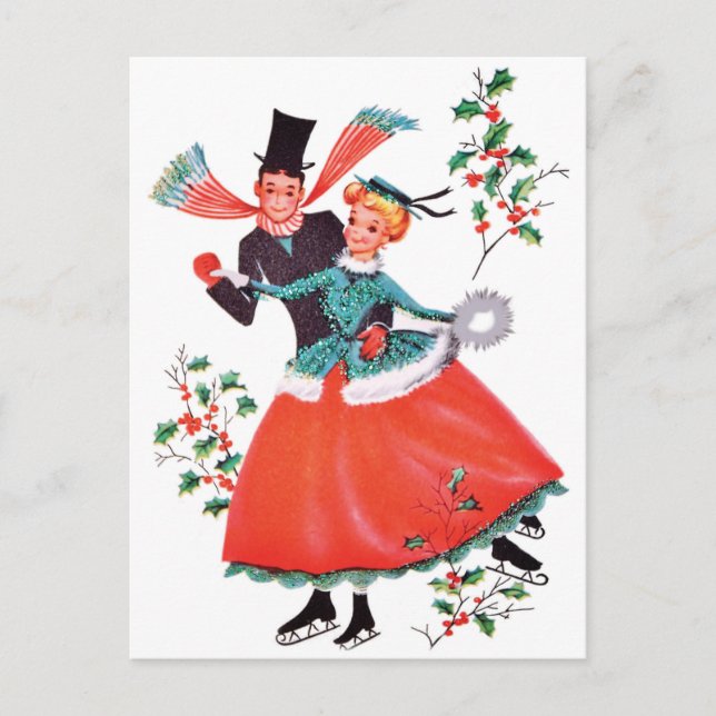 Postal Pareja de patinaje sobre hielo en Navidad (Anverso)