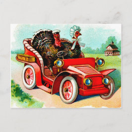 Postal Pareja de pavos conduciendo un coche antiguo, vint
