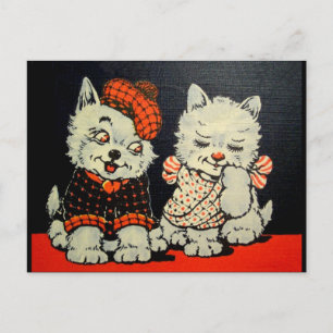 Postal Pareja de perro y gato de Escocia vintage - Rojo y