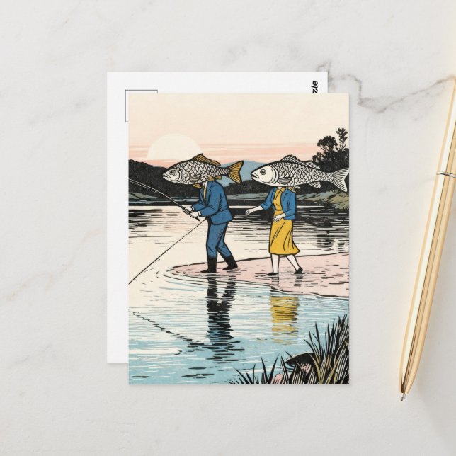 Postal Pareja de pesca surrealista (Anverso/Reverso In Situ)