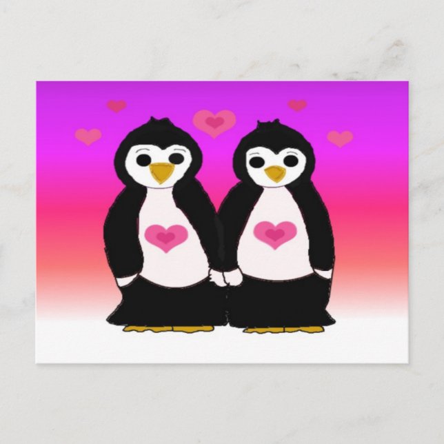 Postal Pareja de pingüinos con corazones (Anverso)