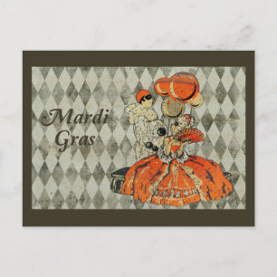 Postal Pareja de vestimenta de Mardi Gras