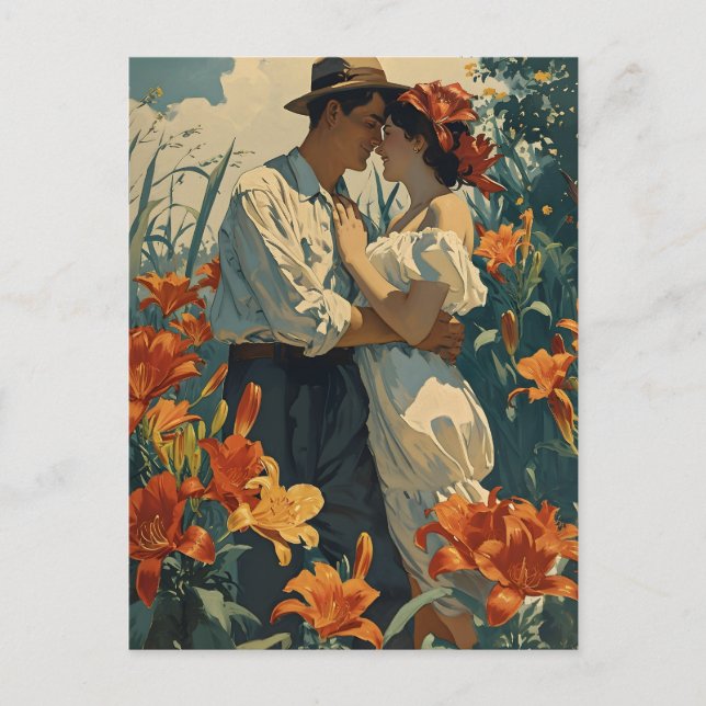 Postal Pareja en campo lirio vintage: Belleza eterna (Anverso)
