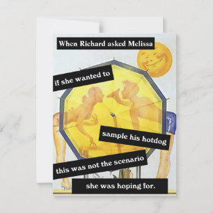 Postal Pareja en la playa con hotdog divertido personaliz