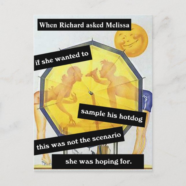 Postal Pareja en la playa con hotdog divertido personaliz (Anverso)