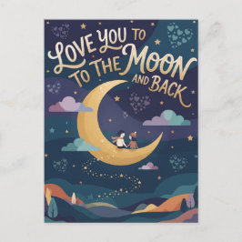 Postal Pareja en Luna Creciente y Texto Romántico
