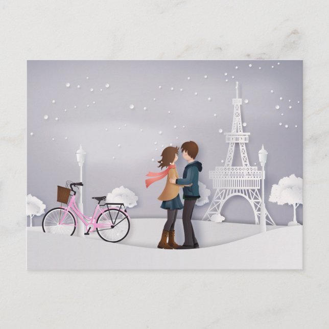 Postal Pareja en París Snowy con la Torre Eiffel (Anverso)