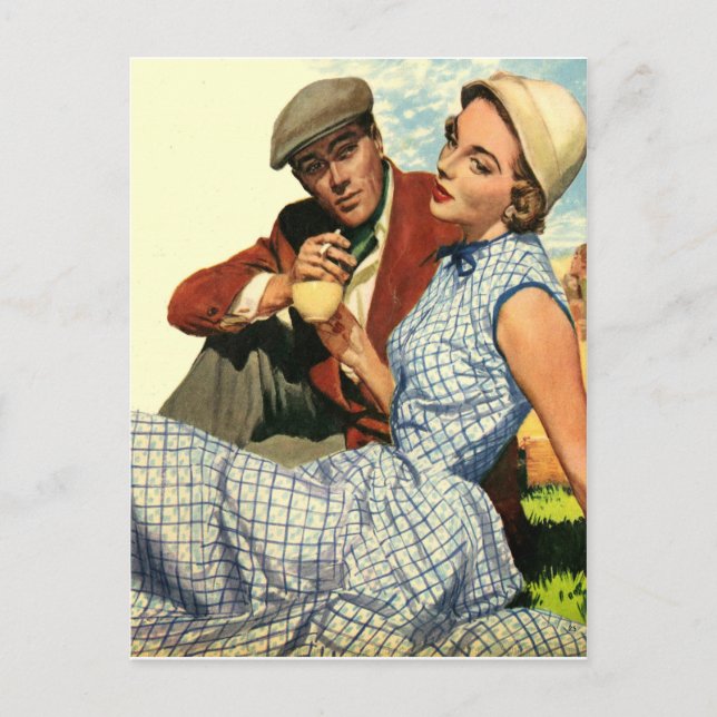 Postal Pareja en picnic, vintage, valentina (Anverso)