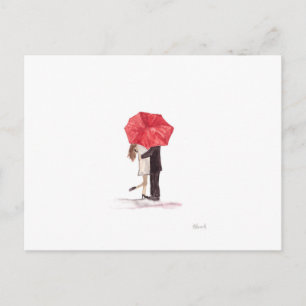 Postal Pareja enamorada bajo paraguas rojos
