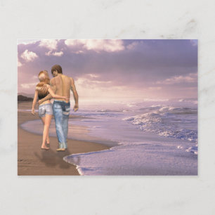 Postal Pareja enamorada caminando sobre la playa al atard
