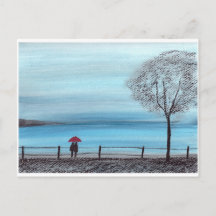 Pareja enamorada de paraguas rojos