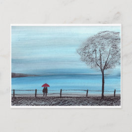 Postal Pareja enamorada de paraguas rojos