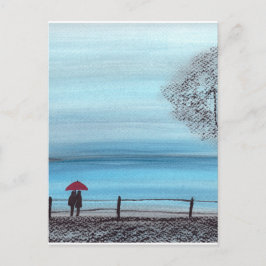 Postal Pareja enamorada de paraguas rojos