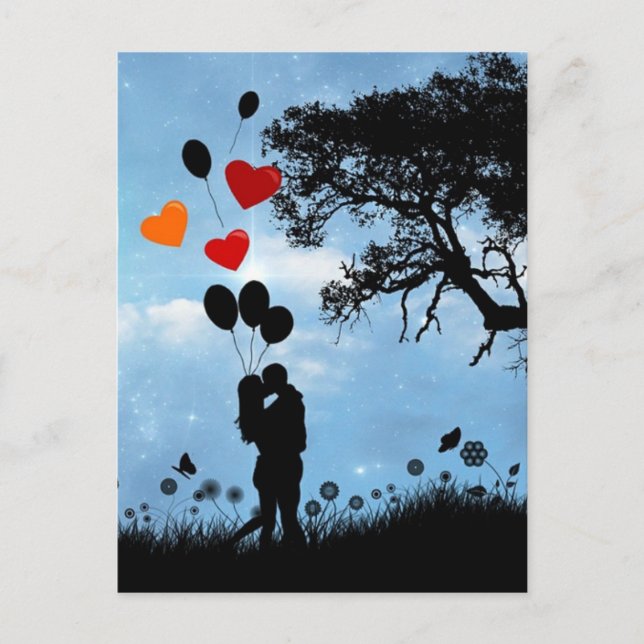 Postal Pareja enamorada silueta y globos (Anverso)