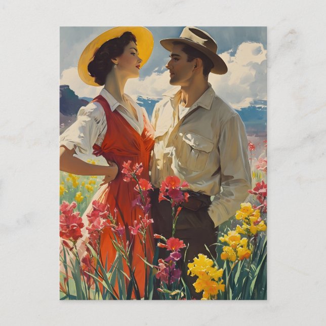 Postal Pareja entre orquídeas de la época de los años 50 (Anverso)