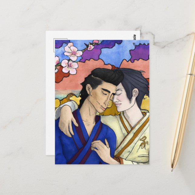 Postal Pareja gay al estilo del arte japonés Ukiyo-e (Anverso/Reverso In Situ)