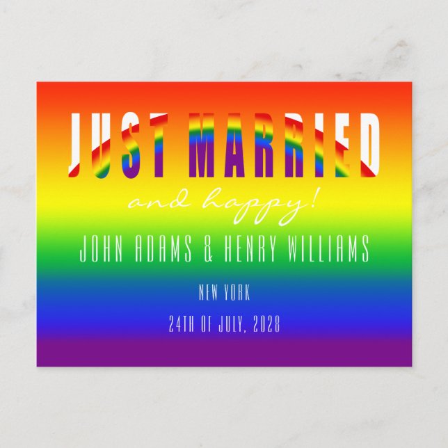 Postal Pareja gay recién casada con un Boda gay LGBT (Anverso)