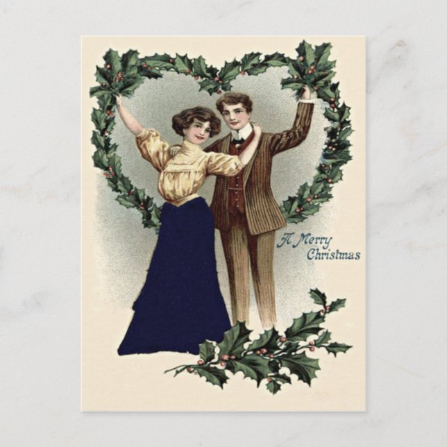 Postal Pareja Guirnalda de Corazón de Acebo (Anverso)