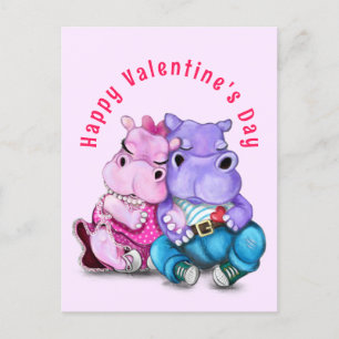 Postal Pareja Hippo Love Funny El día de San Valentín Car