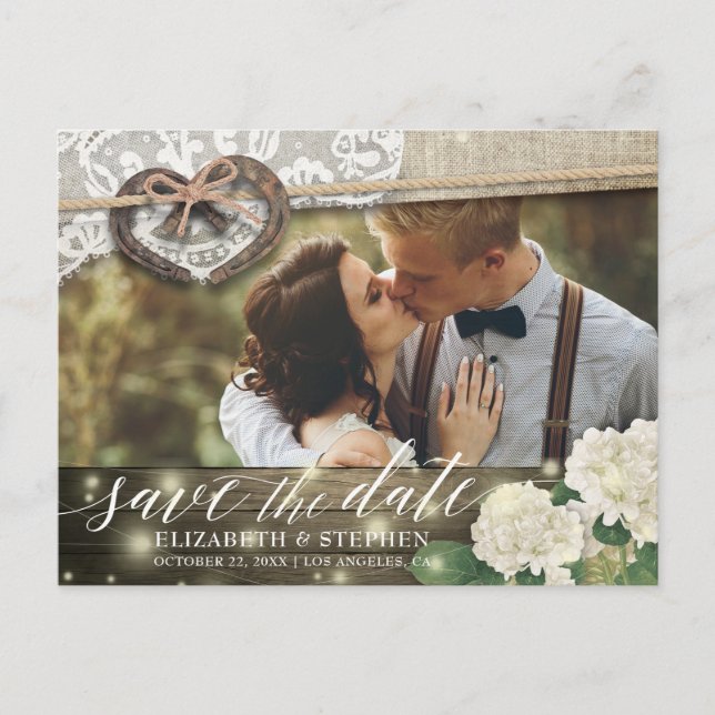 Postal Pareja Horseshoe Hidrangea Boda Save Date FOTO (Anverso)