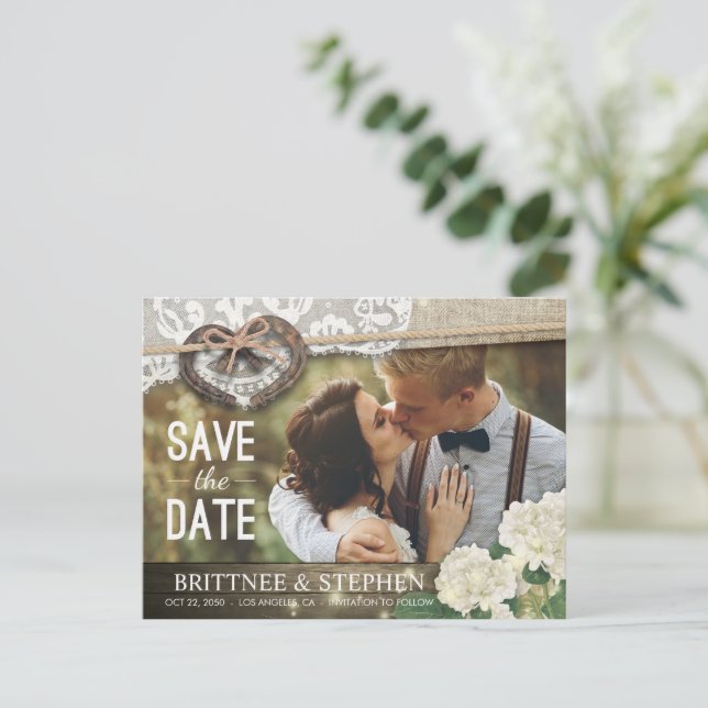 Postal Pareja Horseshoe Hidrangea Boda Save Date FOTO (Anverso de pie)