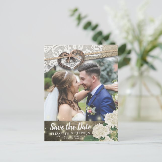 Postal Pareja Horseshoe Hidrangea Boda Save Date FOTO (Anverso de pie)