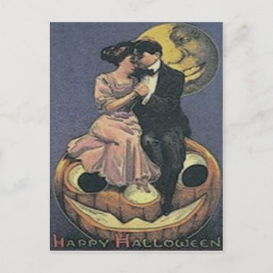 Postal Pareja Jack O Lantern Man In The Moon