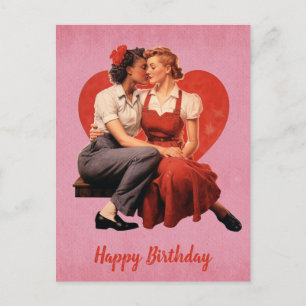 Postal Pareja Lesbiana Feliz Cumpleaños Vintage