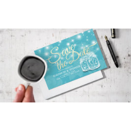 Postal Pareja Mason Jar Blue Floral Wedding Save The Date