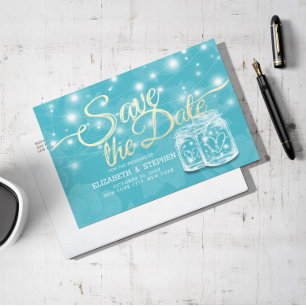 Postal Pareja Mason Jar Blue Floral Wedding Save The Date