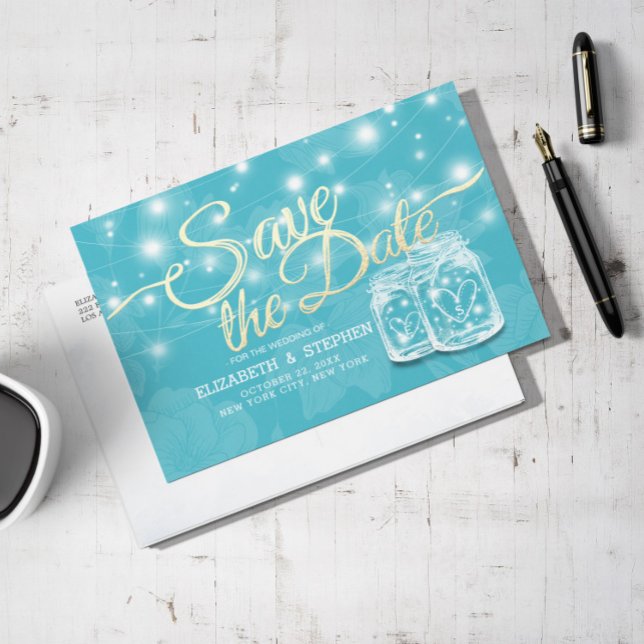 Postal Pareja Mason Jar Blue Floral Wedding Save The Date (Subido por el creador)