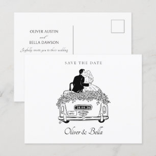 Postal Pareja monta un boda de auto