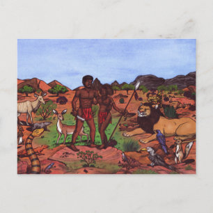 Postal pareja nativa africana rodeada de animales