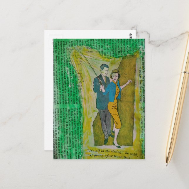 Postal Pareja pescando de un collage de la época de 1930 (Anverso/Reverso In Situ)