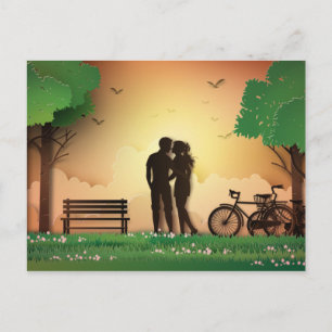 Postal Pareja recortada en Park Sunset, bicicleta