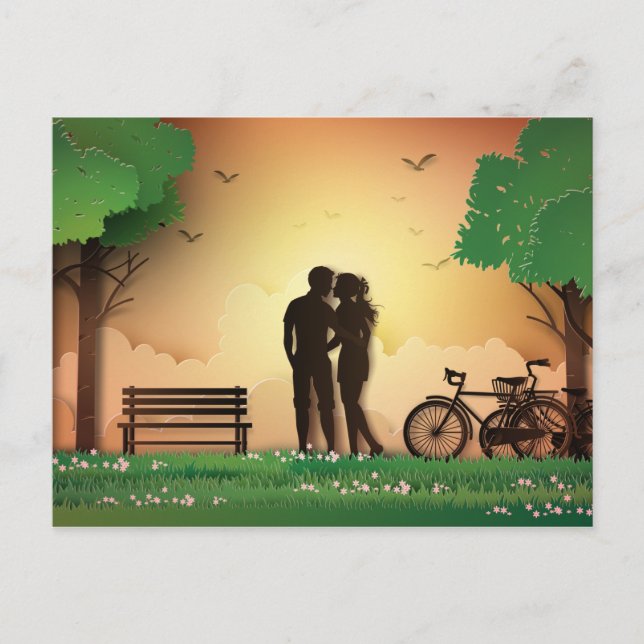 Postal Pareja recortada en Park Sunset, bicicleta (Anverso)